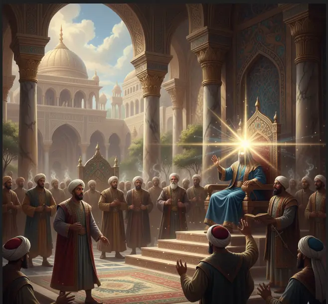 The Divine Light of Wisdom Majestic throne room with worshippers gathered.