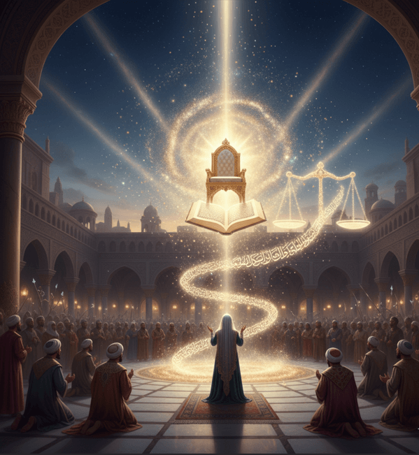 The Throne of Divine Justice Divine light illuminating a sacred scene.