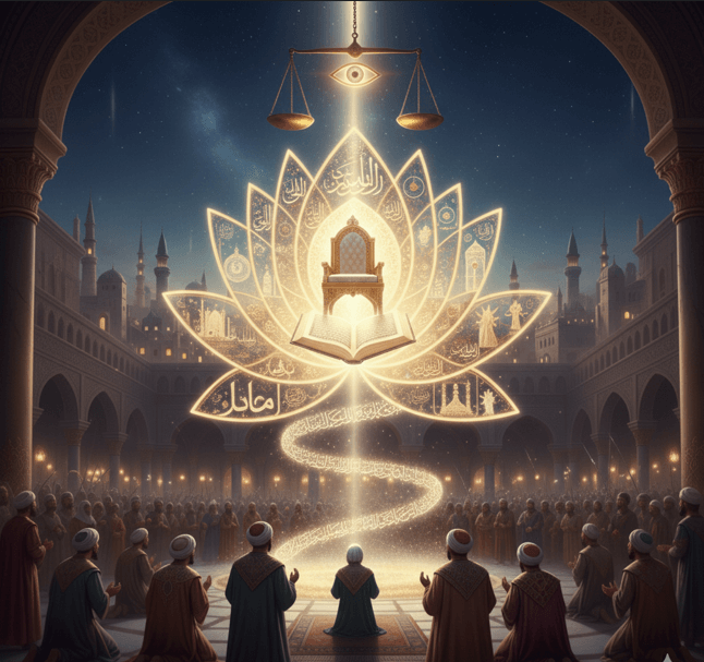 The Lotus of Divine Justice (Adl) Spiritual scene with illuminated Quran.