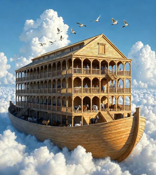 Large wooden ship floating in clouds