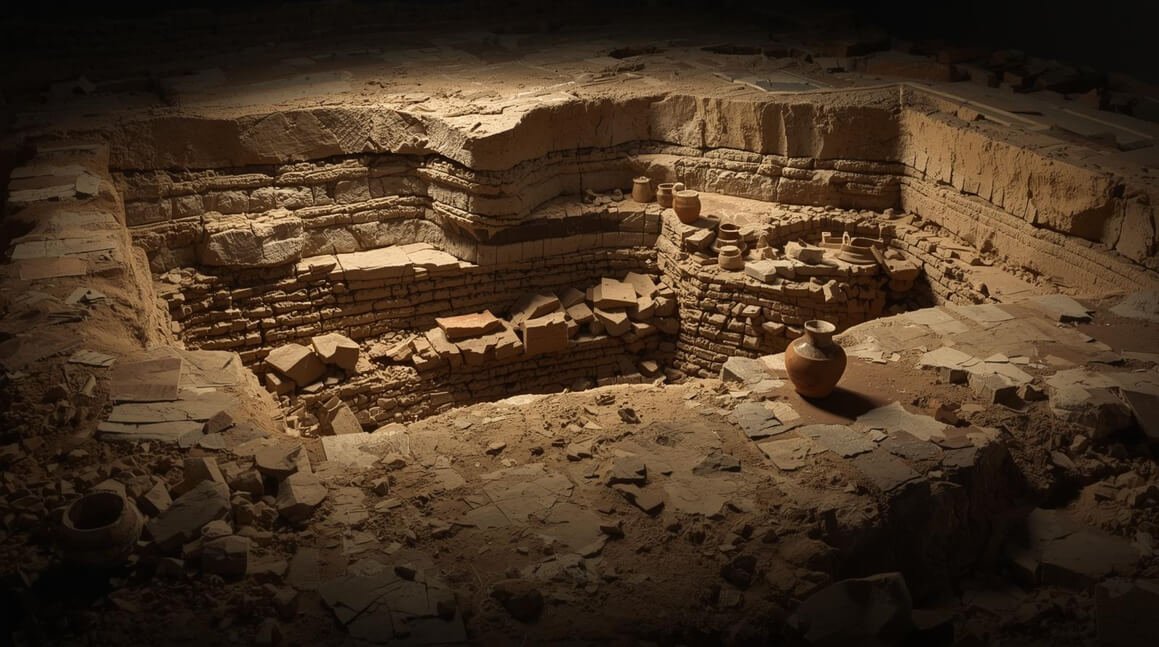 Excavation showing flood deposit layer at Ur