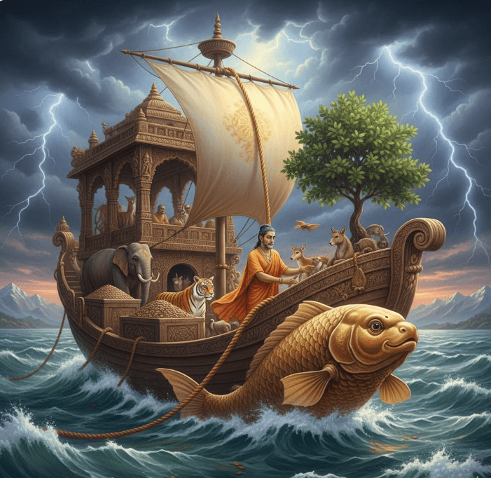 Hindu flood myth: Vishnu saving Manu