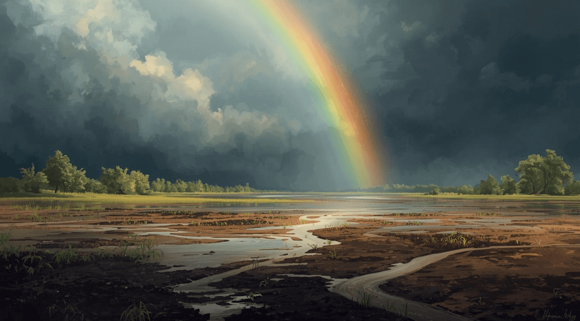 Animals leaving the Ark with rainbow covenant