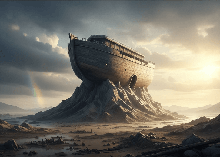 Abandoned ship on rocky landscape.