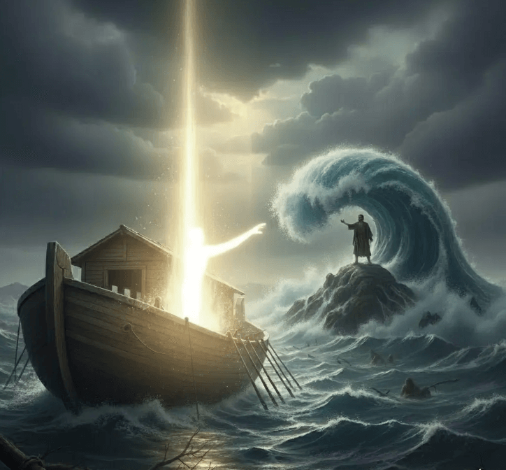 Stormy sea with divine light and figure
