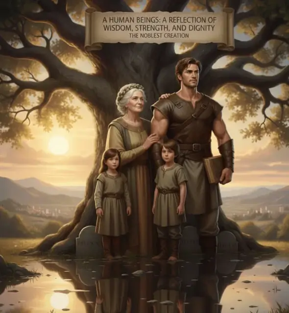 Rise of the Noblest Creation – Symbolic illustration of human wisdom, strength and dignity with two majestic figures