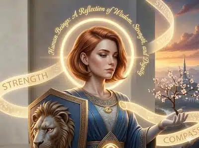 The Virtues of Humanity Woman with shield, symbolizing strength.