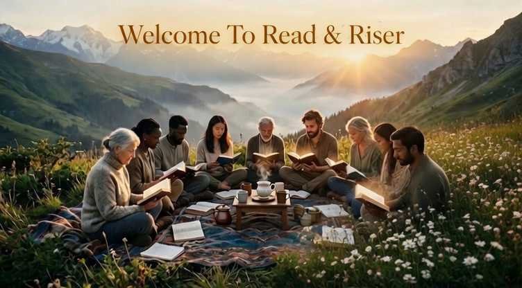 "Welcome To Read & Riser - Group Reading at Sunrise in Mountains" Group reading in a scenic landscape.
