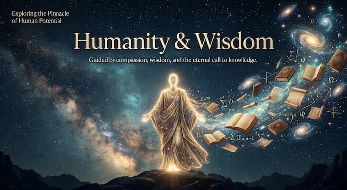 Humanity & Wisdom: A glowing robed figure stands on a mountain peak with arms outstretched, radiating light amid a cosmic starry sky, surrounded by floating open books and mathematical symbols.