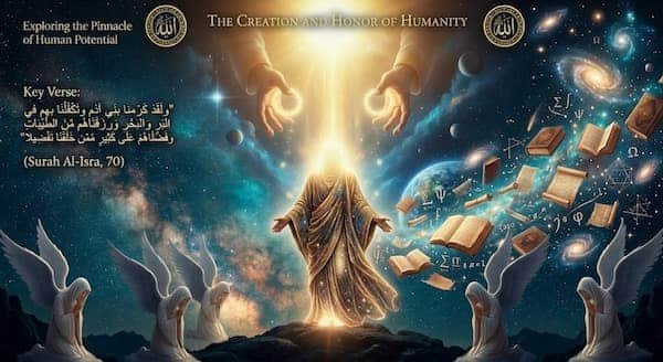 A majestic figure in flowing robes stands on a mountain peak, radiating golden light, surrounded by angels and floating books in a cosmic universe, with divine hands above.
