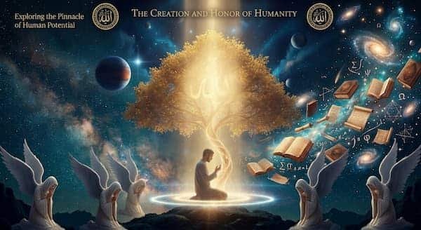 A spiritual illustration of a man praying beneath a glowing golden tree in a cosmic setting, surrounded by bowing angels, floating books, and galaxies.
