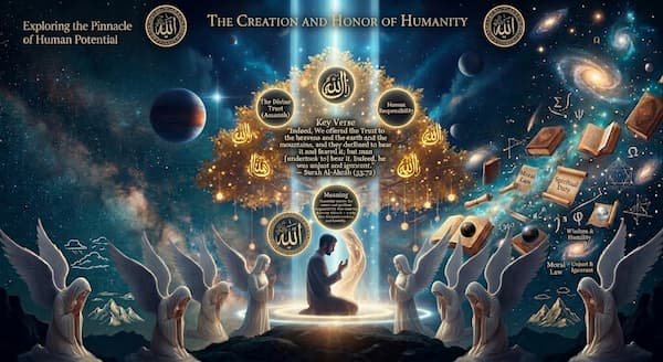 A kneeling figure in prayer surrounded by angels under a cosmic sky. Golden circles with Arabic calligraphy of “Allah” and key Quranic verses float above, while books, mathematical symbols, and galaxies fill the heavens. Title: The Creation and Honor of Humanity.