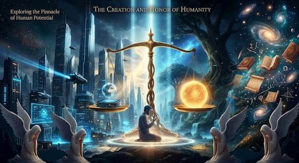A meditative figure sits beneath a grand golden balance scale. One side holds books and a glowing globe beside a futuristic city; the other holds a radiant golden orb beside a cosmic tree with galaxies and symbols. Angels surround the scene.