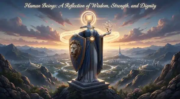Human Beings: A Reflection of Wisdom, Strength, and Dignity Human Beings: A Reflection of Wisdom, Strength, and Dignity - Symbolic statue of a noble figure with lion shield