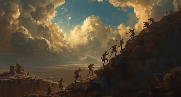 People climbing a rocky landscape under clouds.