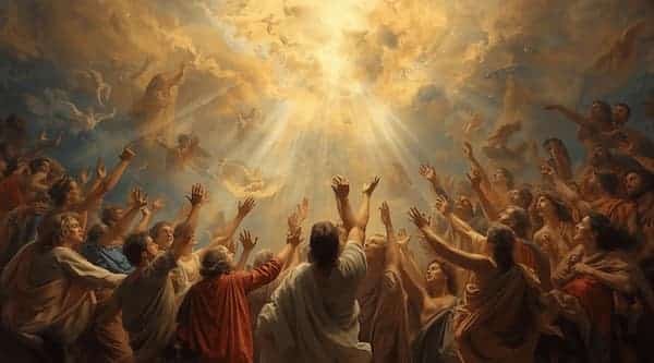 Heavenly scene with people reaching upwards.