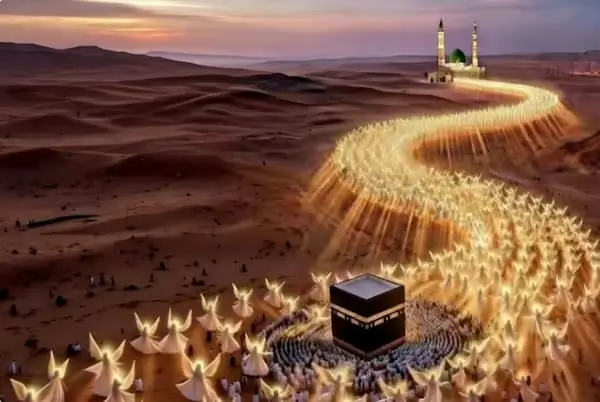 Symbolic Illustration of Hajj Pilgrims Circling the Kaaba with Divine Light The Black Stone (Hajar al-Aswad) in the Kaaba during Hajj and Umrah with millions of pilgrims in spiritual light