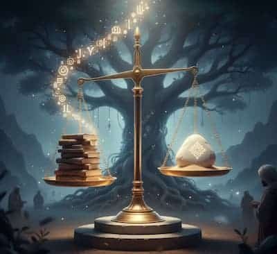 A golden balance scale in a mystical setting, with a stack of books on one side and a glowing ornate egg on the other. Glowing letters and numbers float upward from the books toward a large ancient tree in the background.