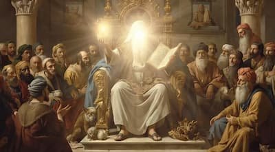 “Knowledge in Action: The Wisdom of Sulayman (A.S.)” Religious figure teaching a crowd.