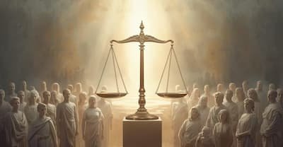 “The Light of Justice” Symbolic scales in a divine setting