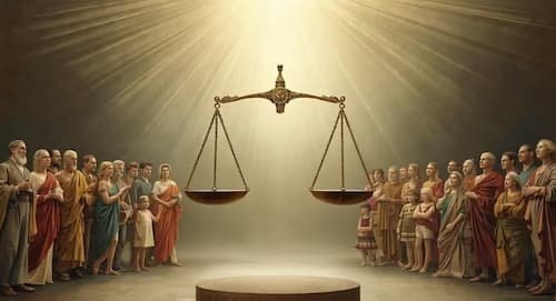 Divine Justice Illuminated Historical figures surrounding a scale.