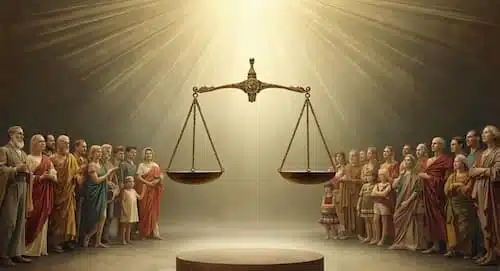 Divine Justice Illuminated Historical figures surrounding a scale.