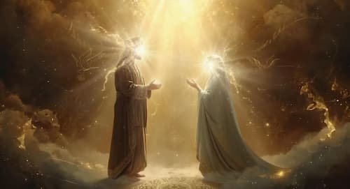 “Power in Humility: Sulayman (A.S.) and the Queen of Sheba” Two figures in radiant, ethereal light