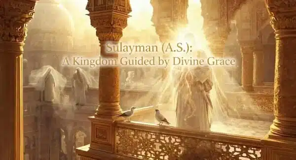 Hazrat Sulayman (A.S.) - The Wise Prophet-King : A Kingdom Guided by Divine Grace Hazrat Sulayman (A.S.) - The Wise Prophet-King and A Kingdom Guided by Divine Grace on ornate golden balcony with birds under heavenly light.