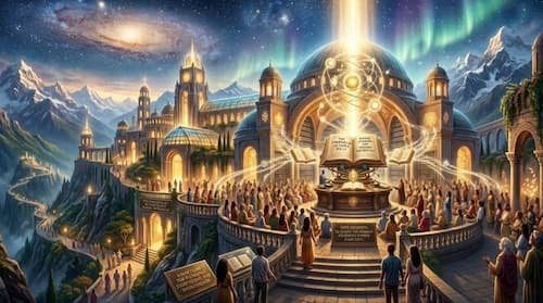 Celestial fantasy academy with glowing magical book and crowd under aurora borealis