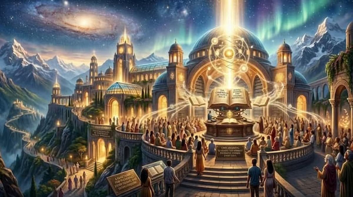 Enchanted Celestial Academy at Twilight Fantasy city with cosmic elements.