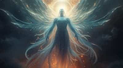 Ethereal figure with glowing wings.