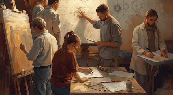 Artists collaborating in a studio
