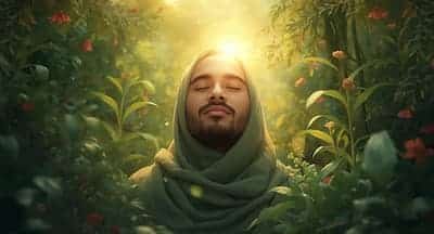 The Virtues of Humanity Man meditating in a lush garden.