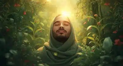 The Virtues of Humanity Man meditating in a lush garden.