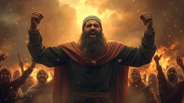 Humanity’s Defiance Man shouting amidst fiery background.