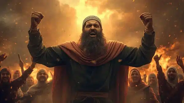 Humanity’s Defiance Man shouting amidst fiery background.