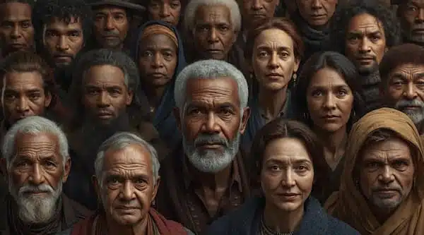 Faces of Humanity Diverse group of people, serious expressions.