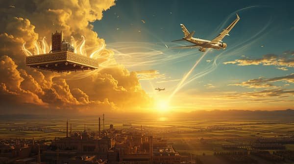 Surreal landscape with flying objects.