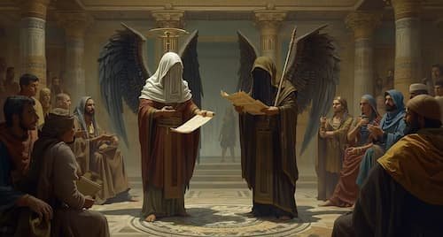 The Two Winged Angels Angels presenting scrolls to assembly.