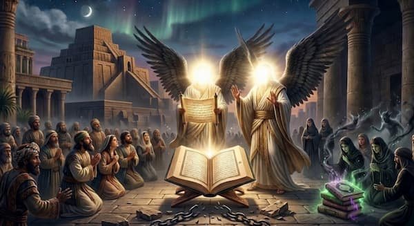 The Warning of Harut and Marut Angelic beings with sacred texts.
