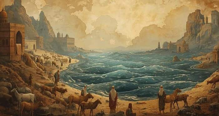 Desert landscape with waves and figures.