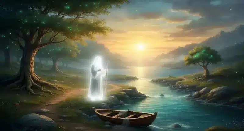 "Divine Light of the Prophet" Hazrat Musa and Khidr (AS) as mystical glowing prophets by the sea at sunset with jumping fish and wooden boat