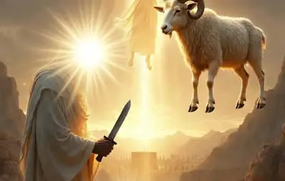 Arrival at Mina and the Moment of Supreme Sacrifice Prophet Ibrahim (AS) and Ismail (AS) at the moment of sacrifice in Mina, faces covered with divine Noor, as Allah sends a ram in ransom — symbolizing ultimate faith and mercy (Quran 37:107).