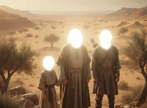 The Covenant in the Torah: Election and Land — Three figures with divine glowing light stand together in a vast desert landscape, symbolizing the Abrahamic covenant, chosen people, and the Promised Land in the Torah.