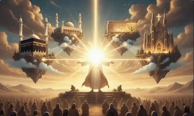 A radiant figure of Prophet Abraham (Hazrat Ibrahim A.S.) stands with arms outstretched toward a divine light, surrounded by floating islands bearing the Kaaba, a mosque, the Western Wall/Temple, and a church, symbolizing his shared reverence in Islam, Judaism, and Christianity, with a vast crowd gathered below.