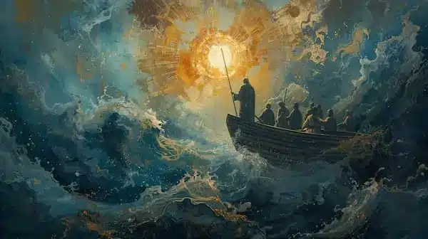 Dramatic painting of Noah’s boat in stormy seas with radiant divine light from above, symbolizing the Biblical Perspective conclusion on similarities and differences.