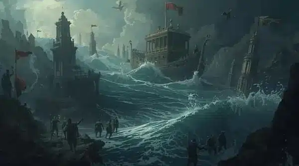 Epic scene of a massive flood destroying an ancient city with giant waves, people watching from cliffs, symbolizing the Biblical Perspective conclusion on similarities and differences.