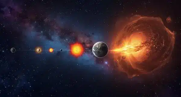 Life cycle of a star showing planets and a massive supernova explosion