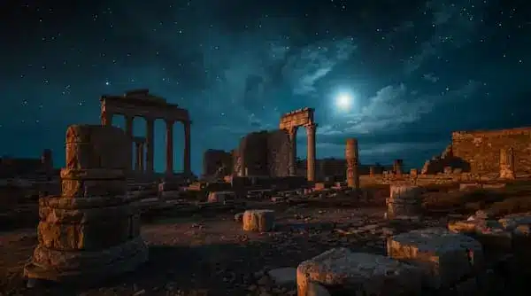 Ancient ruins under starry night sky - stars in culture and history