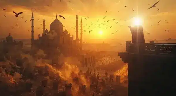 Hazrat Sulaiman (A.S.)'s Prayers (Du'as) for Gratitude, Forgiveness, and Kingdom in the Quran. Epic sunset scene of a grand palace with a vast crowd, burning city below, and dramatic golden divine light.
